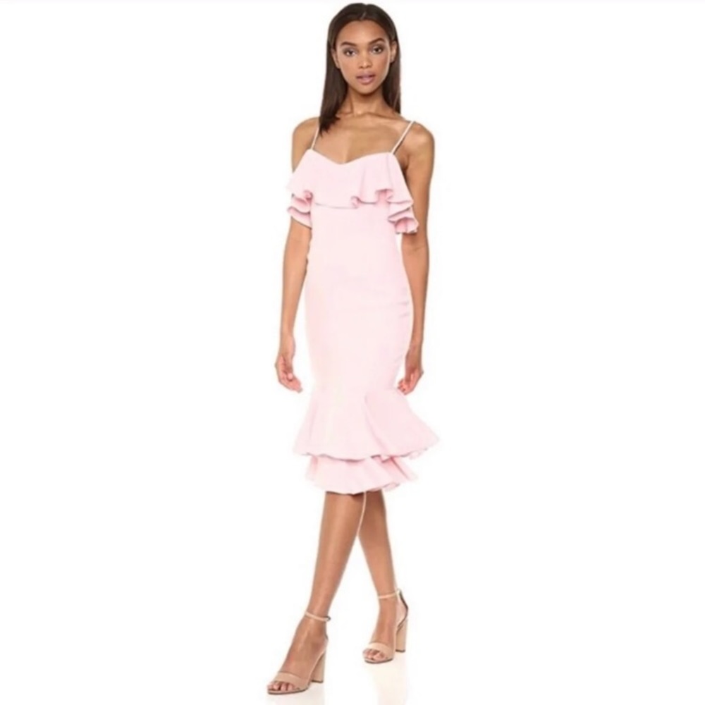 RevolveLikely Light Pink Ethereal Ruffle Midi Knee Length Strappy Dress